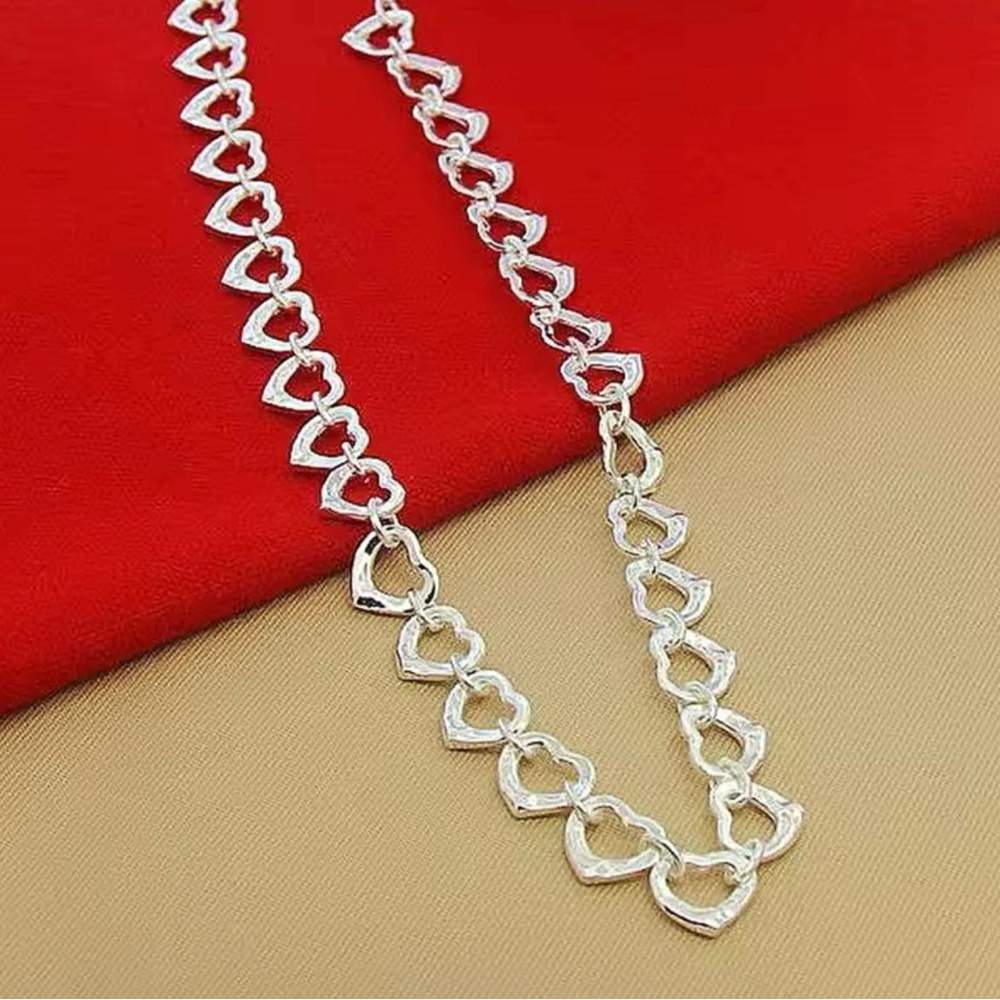 Sterling Silver Plated Heart Charm Silver Necklace - Picture 2 of 5